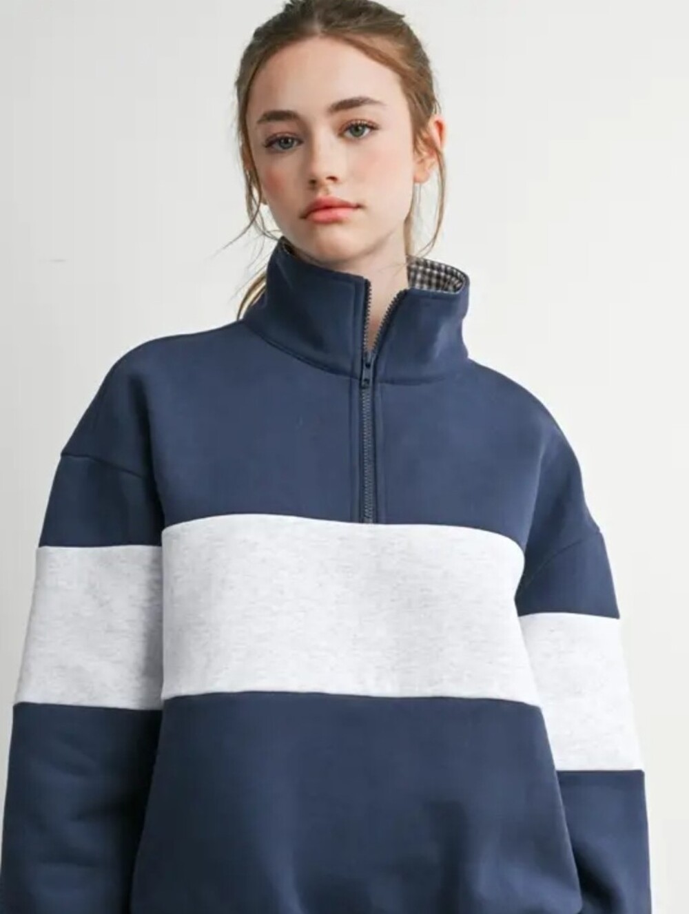 Buttermelon Womans Navy and White Quarter-Zip Stripe Sweater